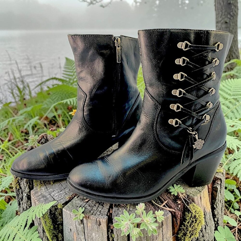 Harley Davidson Women Black Leather Boots Corset Lace Up With Carms Size 9.5"